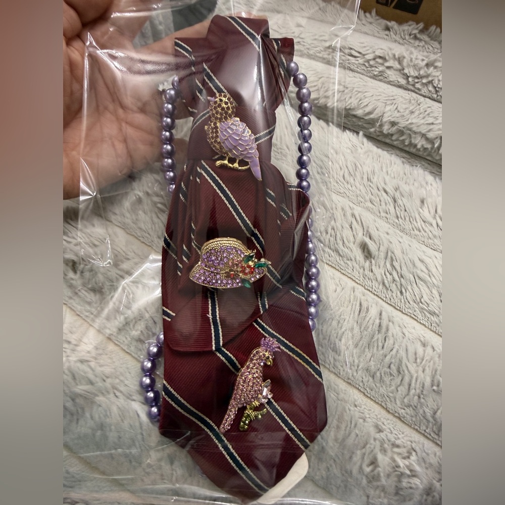 Upcycle Burgundy Striped Bird Tie necklace